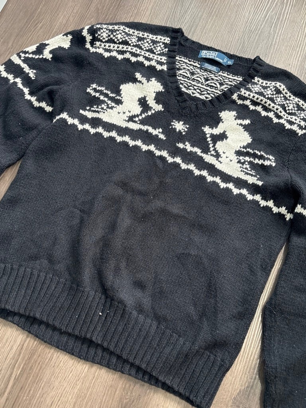 Polo Ralph Lauren Vintage Ski Sweater XL Black Cotton Cashmere Angora Blend V-Ne